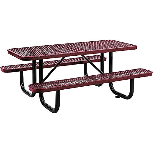 Global Industrial 6’L Rectangular Picnic Table, Expanded Metal, Red Thermoplastic Coating, Attached Benches, 1-1/2” Umbrella Pole Hole, Outdoor-Rated, 1000 lb Capacity, 72” x 30” Tabletop - color: Red