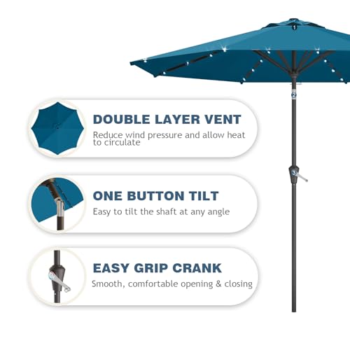 9FT Patio Umbrella with Solar Lights,Outdoor Market Umbrella with Tilt and Crank, LED Lighted Table Umbrella for Garden,Deck,Backyard,Pool,Beach (Lake Blue) - color: Lake Blue