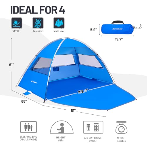 EchoSmile UPF 50+ Beach Tent Sun Shelter for 3/4 Person, Portable Beach Cabana Tent - color: Dark Blue, size: 4 Person