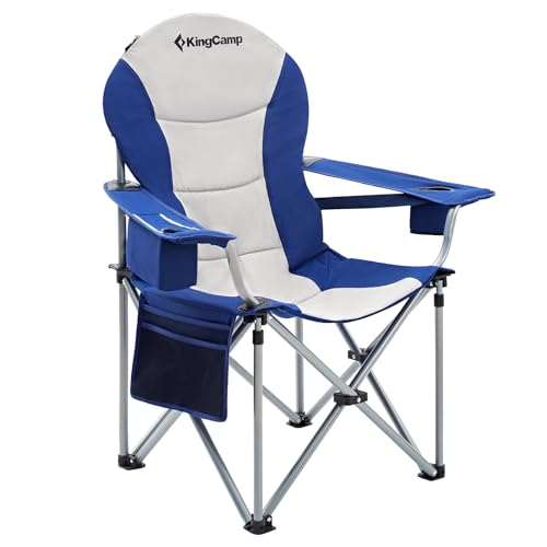 KingCamp Oversized Camping Folding Chair with Lumbar Support, Heavy Duty Ergonomic Padded Arm Chair with Cooler Bag, Cup Holder, Portable for Outdoor - color: Navy/Grey