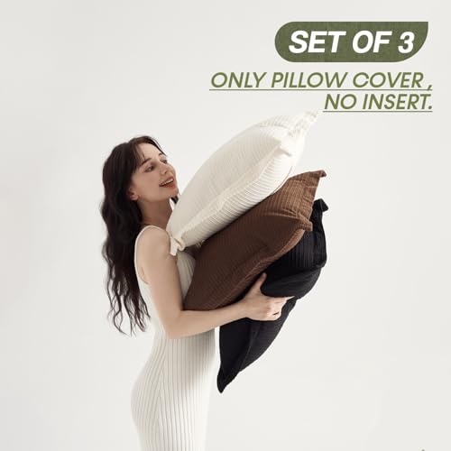 COCO TOP Set of 3 Classic Vintage Decorative Throw Pillow Covers 20x20inch, Striped Corduroy Cute Soft Fluffy Square Cushion Covers for Couch Sofa Car Home Farmhouse Decor(Dark Brown, Black & White) - color: Dark Brown/Black/White, size: 20" x 20" (Pack o