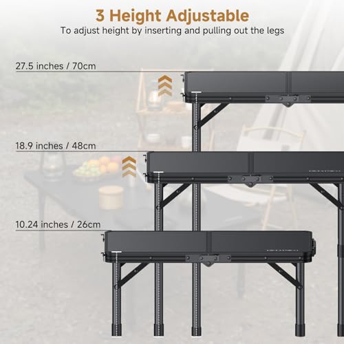 Folding Camping Table, 22" x 15" Picnic Table with 3 Adjustable Height Max 27.5", Matte Black Aluminum Folding Table with Handle for Party, Dining, Garden, Patio, Market - style: 2-Fold MDF Tabletop