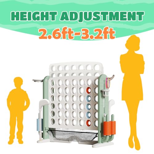 Giant 4-in-A-Row Connect Game Set, Adjustable Height Jumbo Yard Game with Golf, Basketball Hoop, Ring Toss & Mesh Pocket, Indoor & Outdoor Yard Connect Game for Kids Adults Family - color: Green