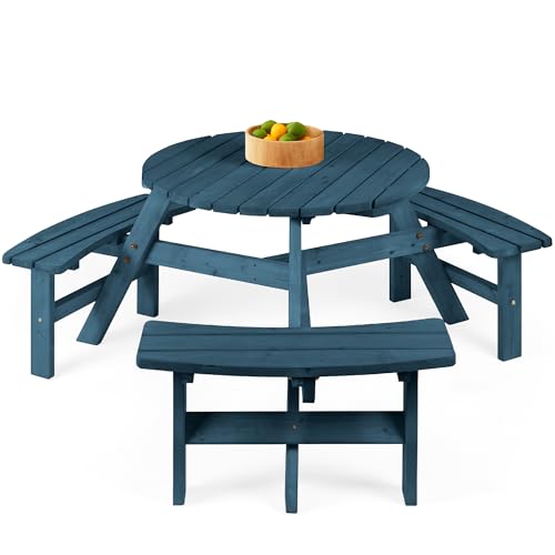 Best Choice Products 6-Person Circular Outdoor Wooden Picnic Table for Patio, Backyard, Garden, DIY w/ 3 Built-in Benches, 500lb Capacity - Harbor Blue - color: Harbor Blue