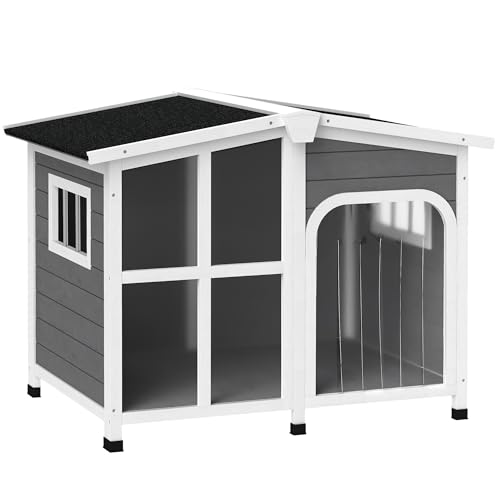PawHut Outside Cabin-Style Wooden Dog House for Large Dogs with Openable Roof & Giant Window, Outdoor & Indoor Big Dog Shelter, Asphalt Roof, Gray - color: Gray