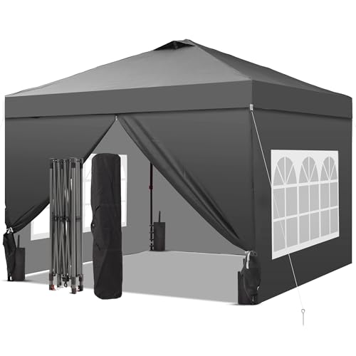 GDY 10x10 Pop Up Canopy Tent with 4 Sidewalls, Easy Set up with One Push Lift Outdoor Silver Coated Beach Gazebos, Carpas with 4 Sandbags, for Events, Parties,Camping, Gray. - color: Gray, size: 10x10 with 4 Sidewall