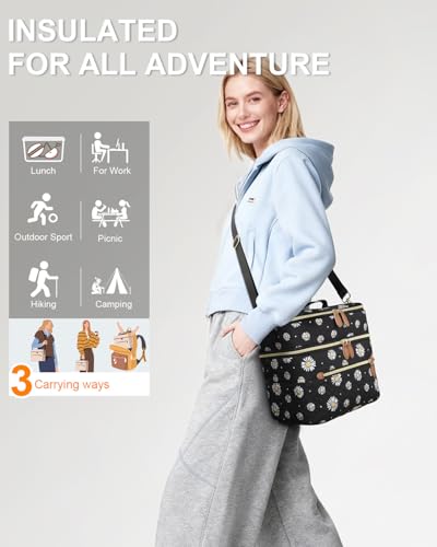 Capolo Lunch Box for Women Men Adults,Double Deck Insulated Lunch Bag Leakproof Lunch Cooler Box with Removable Strap Lunch Tote Bags Reusable Thermal Lunchbox for Work Picnic(Large,Black Flower) - color: Black Flower, size: Large