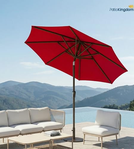 PatioKingdom Auto-Tilt 9FT Patio Umbrella Outdoor with 8 Sturdy Fiberglass Ribs,Market Table Umbrella for Pool,Backyard,Deck and Garden - color: Red, size: 9FT