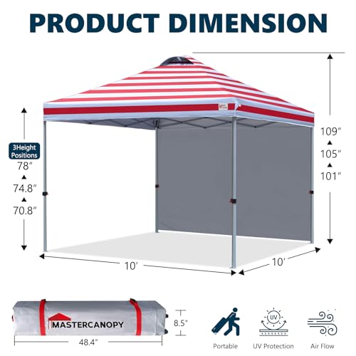 MASTERCANOPY Durable Pop-up Canopy Tent with 1 Sidewall (10'x10',Red Stripe) - color: Red Stripe, size: 10x10