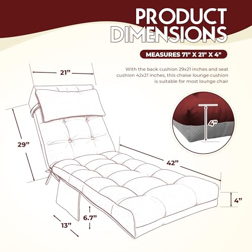 Outdoor Chaise Lounge Chair Cushion, Waterproof Outdoor Chair Cushions for Patio Furniture, 71 x 21 x 4 Inches Replacement Chaise Lounge Cushion with Ties (Red) - color: Red