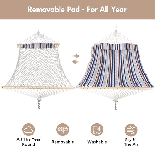 ANOW Outdoor Double Rope Hammock with Pad, Portable Hammock for Patio, Backyard, Beach, 450 LBS Weight Capacity, Blue Seaside - color: Blue Seaside, size: Without Stand