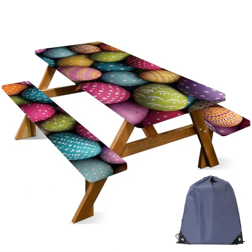 ANNA QUEEN Easter Holiday 6FT Picnic Table Cover with Bench Covers Set of 3 with Drawstring Bag, Colorful Easter Eggs 72"x30" Waterproof Fitted Picnic Tablecloth & Bench Covers for Outdoor Dining - color: #58