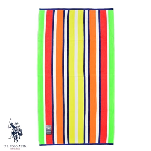 U.S. Polo Assn. Oversized (40” x 70”) Striped Nautical Design Beach Towel - Luxury Plush Cotton Hotel Quality for Bath, Pool - Flame Stripe - color: Flame Stripe, size: 40" x 70"