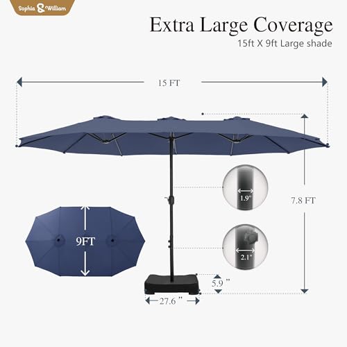 Sophia & William 15 ft Extra Large Patio Umbrella with Base Included, Rectangular Outdoor Umbrella Heavy Duty, Market Umbrella Double-sided Fade Resistant for Pool Garden Backyard, Navy Blue - color: Navy Blue