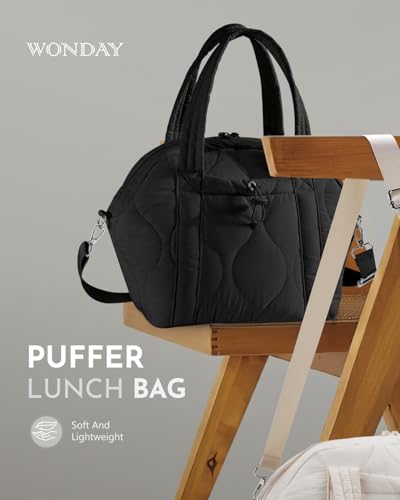 WONDAY Insulated Lunch Bags for Women, 12L Puffy Lunch Tote with Shoulder Strap, Waterproof, Leakproof, Reusable, Keeps Food Fresh, Perfect for Work, Travel, Picnic - color: Black