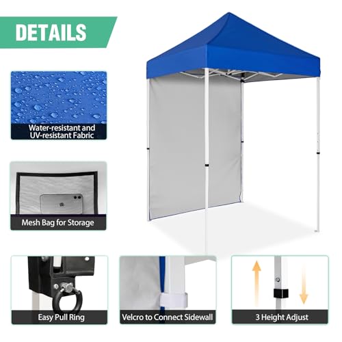 5x5 Pop Up Canopy Tent with One Sidewall, Instant Portable Beach Canopy, Outdoor Tent with Carry Bag for Camping, Sports, Tailgating, Events, Blue - color: Blue, size: With One Wall