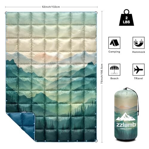 zzlamb Camping Blanket for Cold Weather,Outdoor Puffy Blanket Portable Down Alternative,Windproof Warm Cloak with Snaps,Cozy Quilt Backpacking Picnic RV Travel Plane Car Hammock Beach Climbing - color: Awakening Forest, size: 52x75in
