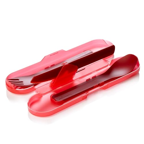 humangear GoBites Trio | Travel & Camping Utensils | Portable & Convertible Dining Ware | Multi-Functional Spork & Knife, Red - color: Red