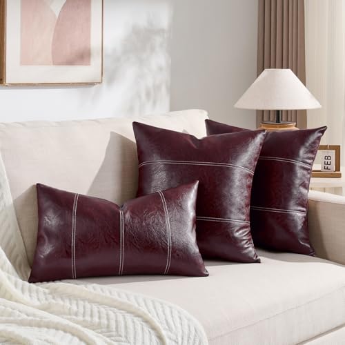 Fancy Homi 2 Packs Burgundy Faux Leather Decorative Throw Pillow Covers 18x18 Inch for Living Room Couch Bed Sofa, Farmhouse Boho Home Decor, Wine Red Hand Stitched Accent Square Cushion Case 45x45 cm - color: Burgundy, size: 18" x 18" (Pack of 2)