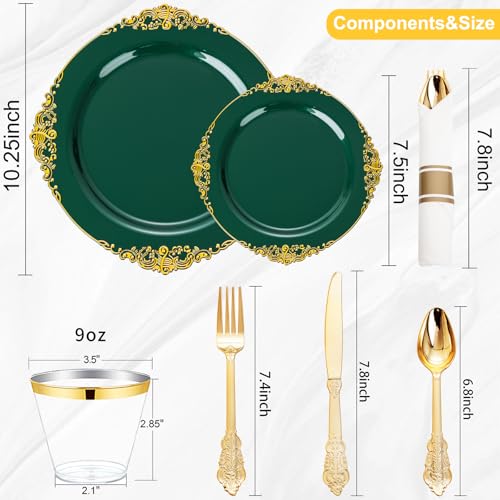 Nervure 350PCS Green Plastic Plates - Green Gold Plastic Dinnerware Sets for 50 Guests - 100 Disposable Plates, 150 Gold Silverware, 50 Cups, 50 Napkins Perfect for Wedding & Party - color: Green and Gold