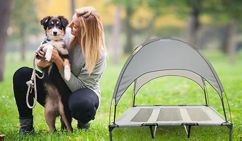 35 Inch Elevated Dog Bed with Canopy, Waterproof & Breathable Medium Cooling Dog Bed with Removable Shade Tent for Camping, Beach, Backyard, Grey