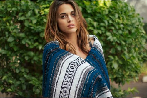 Del Mex Classic Mexican Blanket, Large Authentic Woven Falsa Throw (70"x50"), Artisan Southwest Décor for Beach, Yoga, Outdoors (Navy Blue) - color: Navy Blue