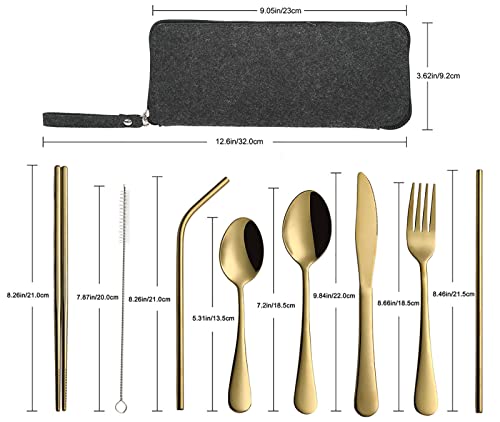 VANDBAO Camping Utensils Set, Portable Travel Utensils with Case for Fixing Tableware, Reusable Stainless Steel Stable Cutlery Set, Lunch Picnic Flatware Silverware (Gold Set) - color: Gold Set, size: 9 Pieces - Medium