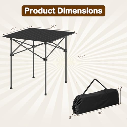 Giantex Folding Roll-up Camping Table, Outdoor Lightweight Aluminium Table for 4, Portable Square Table with Carry Bag for Picnic, Hiking, BBQ, Beach, Tailgating (28"x28"x27.5",Black) - color: Black