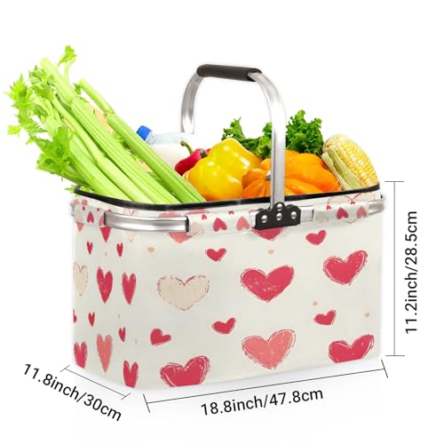 Pink Love Heart Picnic Basket Large Collapsible Market Baskets Portable Reuasble Shopping Bags with Handles for Camping Beach Travel - color: Gold
