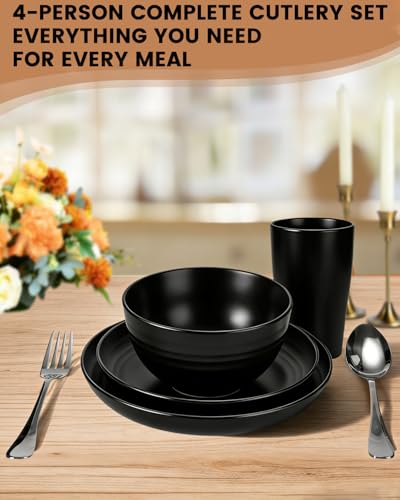 24 Piece Plates and Bowls Sets for 4- Unbreakable Wheat Straw Dinnerware Sets Includes Stainless Steel Forks for Picnic Camping Outdoor Kitchen and Apartment Dinning RV Essentials-Black - color: Black, size: 24pcs