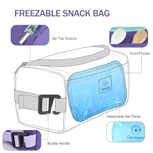Genteen Small Cooler Bag with Ice Packs,Freezable Lunch Bag/Snack Bag,Small Insulated Bag Reusable Lunch Bag Kids with Zip Closure & Buckle Handle for Travel/School/Work,Purple - color: Purple