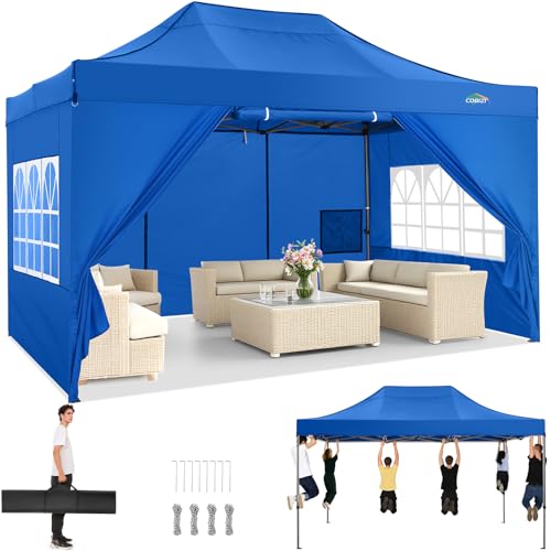 COBIZI 10x15 Heavy Duty Pop Up Canopy Tent with 4 Sidewalls Thicken Frame, Commercial Easy Up Outdoor Wedding Party Tents, All Season Waterproof Windproof with Stakes Sandbags Ropes Bag, Blue - color: Blue, size: 10x15