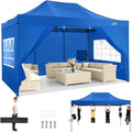 COBIZI 10x15 Heavy Duty Pop Up Canopy Tent with 4 Sidewalls Thicken Frame, Commercial Easy Up Outdoor Wedding Party Tents, All Season Waterproof Windproof with Stakes Sandbags Ropes Bag, Blue - color: Blue, size: 10x15