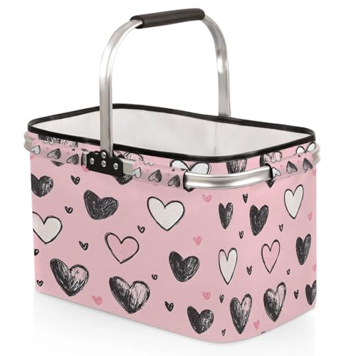 Love Heart Picnic Basket Colorful Heart Large Collapsible Market Baskets Portable Reuasble Shopping Bags with Handles for Camping Beach Travel - color: Beige