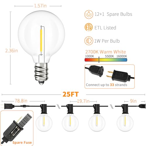 Svater Outdoor String Lights LED 25 FT, Patio Globe Lights with 13 Plastic G40 Bulbs, Waterproof Dimmable Outside Hanging Light for Backyard Bistro Cafe Porch Party Decor, 2700K Warm White - size: 25FT