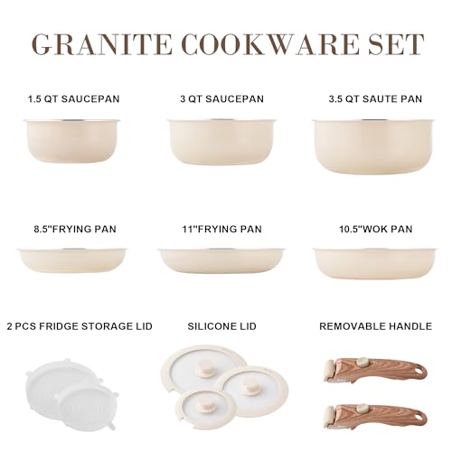 Nonstick Cookware Set - YIIFEEO Stackable Pots and Pans Set Detachable Handle Camping Cookware Granite Kitchen Cookware Sets Removable Handle, Non Toxic Nonstick Frying Pans for Cooking Set Gift Beige - color: A Ivory White
