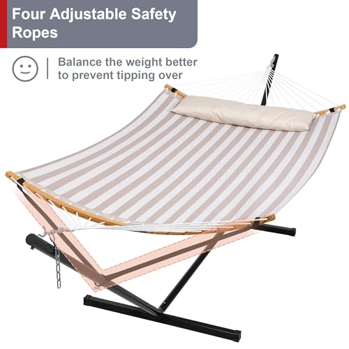 Double Hammock with Stand for Outside, Quick Dry Hammock with Curved Spreader Bars, Pillow and Carrying Bag, 450 Lbs Capacity, Light Brown Stripe - color: Zquick Dry-light Brown Stripe
