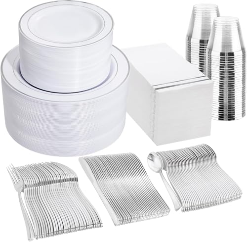 GATHER 700PCS Silver Plastic Plates - Silver Disposable Dinnerware Sets 100 Guest Include 200 Plates, 300 Silverware, 100 Napkins, 100 Cups For Wedding & Party - color: Silver, size: 100 Guests