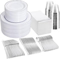 GATHER 700PCS Silver Plastic Plates - Silver Disposable Dinnerware Sets 100 Guest Include 200 Plates, 300 Silverware, 100 Napkins, 100 Cups For Wedding & Party - color: Silver, size: 100 Guests