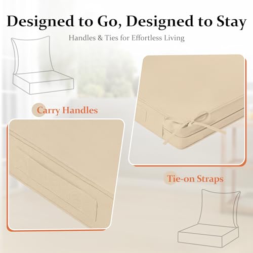 downluxe 22x22 Outdoor Chair Cushions, Waterproof Fade Resistant Patio Furniture Cushions with Handle & Removable Cover, Deep Seat Outdoor Cushions for Sofa, Couch and Patio Chairs, Beige - color: Beige, size: 22 x 22 Inch