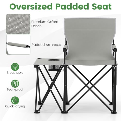 Goplus Oversized Camping Chair with Side Table, Folding Heavy-Duty Picnic Chair w/ 2 Storage Pockets, Cup Holder, Padded Armrests, Carrying Bag, Portable Outdoor Chair for Fishing RV Trip (Gray,1) - color: Grey