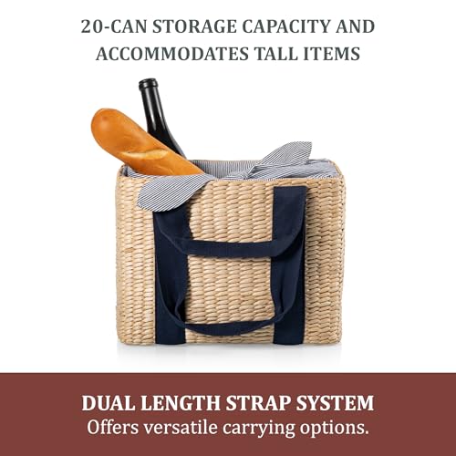 Picnic TIME Parisian Picnic Basket, Insulated Seagrass Picnic Basket, Waterproof, Stylish, Perfect for Picnics, Beach, Office Lunches, Dinner Parties, and Gifts (Beige with Navy Blue Accents) - color: Beige With Navy Blue Accents
