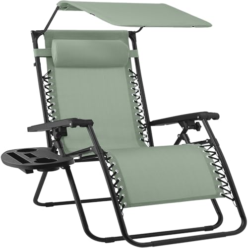 Best Choice Products 30” Wide Folding Zero Gravity Outdoor Recliner Patio Lounge Chair w/Adjustable Canopy Shade, Headrest, Side Accessory Tray - Sage Green - color: Sage Green, size: Oversized Extra Wide