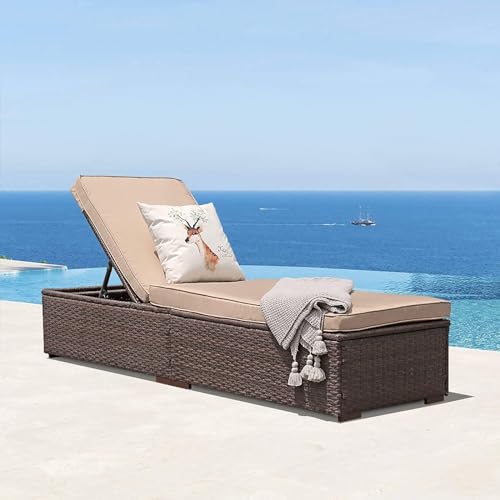 Patiorama Patio Chaise Lounge Chair, Sun Lounger, Outdoor Pool Beach Brown PE Rattan Wicker Reclining Chair W/Adjustable Backrest, Weather Cover, and Removable Cushion (Beige) - color: Brown