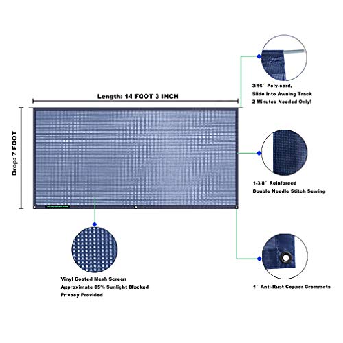 Tentproinc RV Awning Sun Shade Screen 7' X 14' 3''(Fit for 15 ft Awning) Mesh Sunshade for Motorhome Camping Trailer Awning Sunscreen Block UV Glare Sunblocker - 3 Year Warranty (Navy Blue) - color: Navy Blue, size: 7' x 14'3'' -Actual Measurement