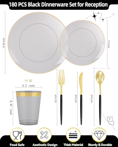 Supernal 180PCS Black and Gold Plastic Dinnerware Set - Black Plastic Plates with Disposable Silverware Include 30 Dinner / 30 Dessert Plates, 30 Forks,30 Knives,30 Spoons & 30 Cups for Party&New Year - color: 180pcs Black and Gold Dinnerware Set