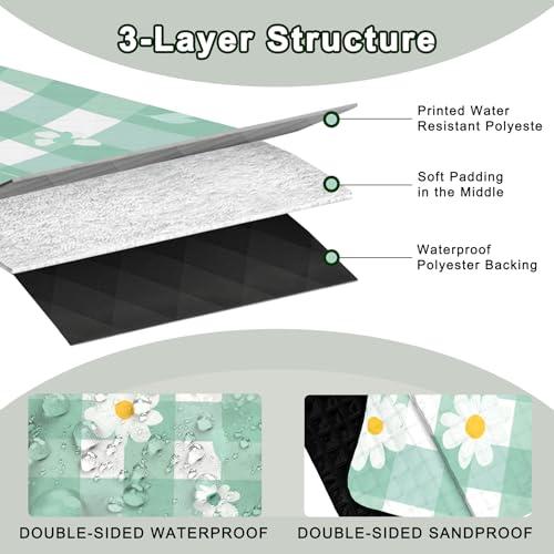 Extra Large Picnic Blanket Waterproof,80"x 80"Foldable Machine Washable Beach Blanket,Outdoor Blanket for 6-8 Adults,Suitable for Indoor Crawling,Park Beach,Camping,Hiking,Family Travel(Light green) - color: Green Flower, size: 6'8" x 6'8" (Square)