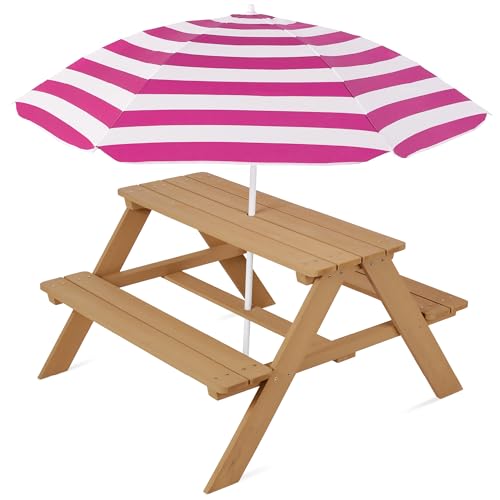 Best Choice Products Wooden Kids Picnic Table with Umbrella, Outdoor Activity Table Set with Built-in Benches, 220 lb Capacity per Bench - Natural/Dark Pink - color: Natural/Dark Pink