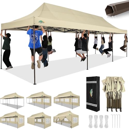 COBIZI 10x30 Pop Up Canopy Heavy Duty with 8 Removable Sidewalls, Commercial Portable Tents for Parties Ez Up Canopy All-Weather Windproof & Waterproof UPF 80+ Wedding Tent Sun Shelter - color: Khaki, size: 10x30FT