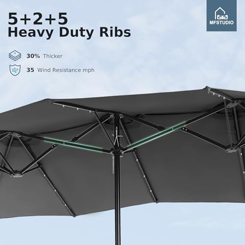 MFSTUDIO 15ft Double Sided Patio Umbrella with Solar Lights, Outdoor Large Umbrellas with Crank Handle and 36 LED Lights, Rectangular Market Umbrella with Base Included for Deck Pool Shade, Smoky Gray - color: Smoky Gray